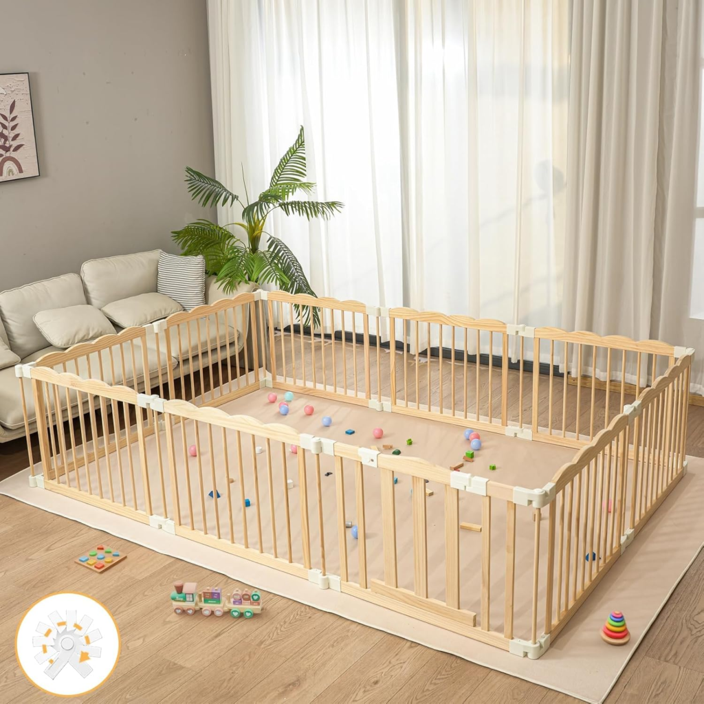 Playpen Large Foldable Play Pen for Toddlers 1-3,Easy Assemble Play Yard Wooden Baby Gates with Door,Expandable Play pens for Kids Safety Baby Playpen with Lock 69x103x24Inch