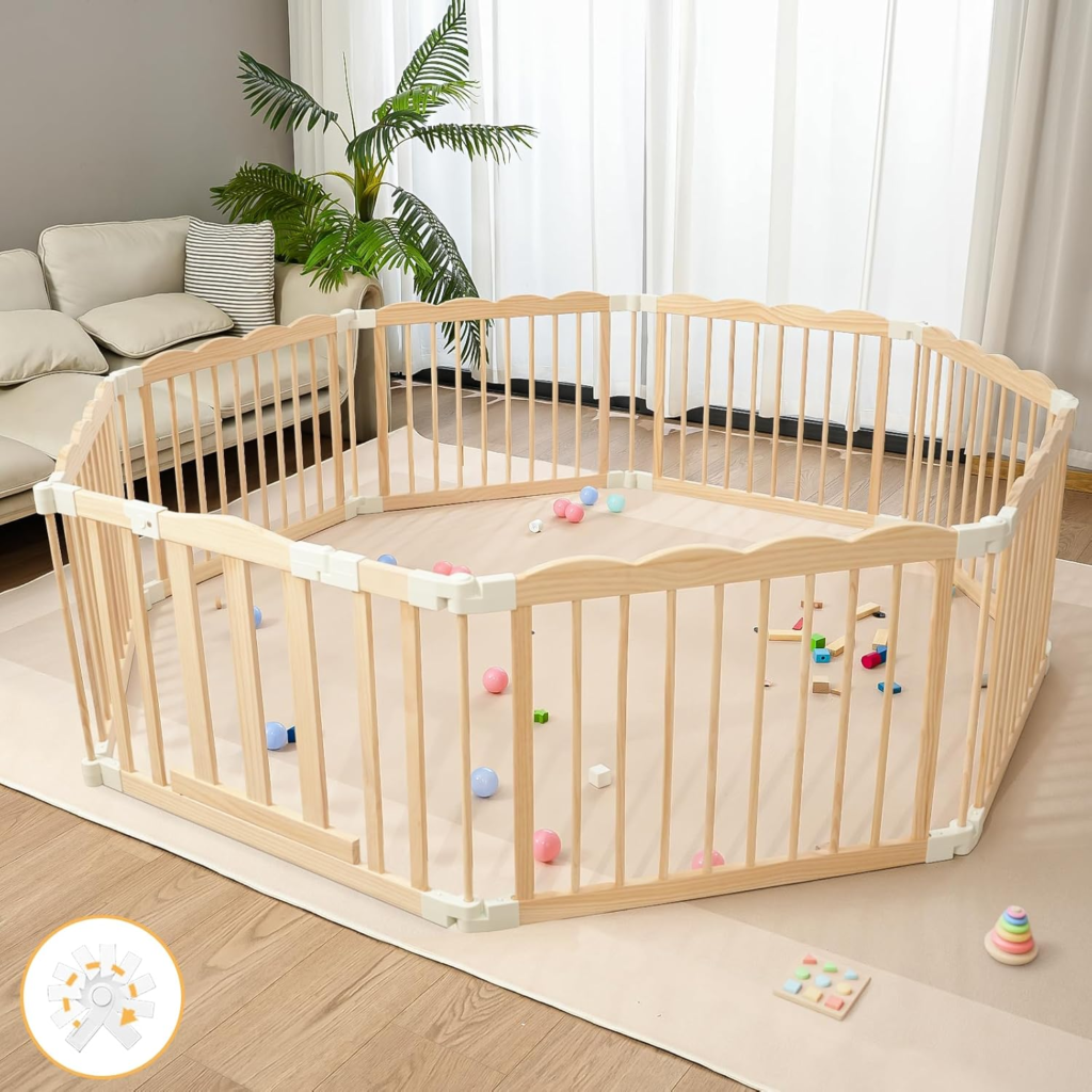 Baby Playpen Natural Wood Playpen for Babies and Toddlers Portable Infant Play pens for Kids Extra Large Toddler Wood Fence Play Area with Child Proof Lock 69x69x24Inch