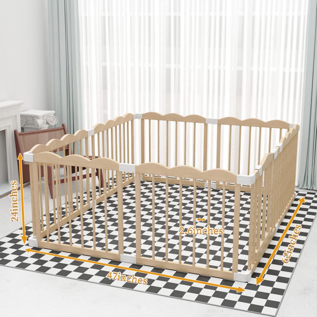 Baby Playpen, Wooden Playpen for Babies and Toddlers, Large Adjustable Wooden Baby Playard with Locking Gate, Easy to Assemble, Portable Play Pen, Infant Play Pen Play Area(47x62x24 Inch)