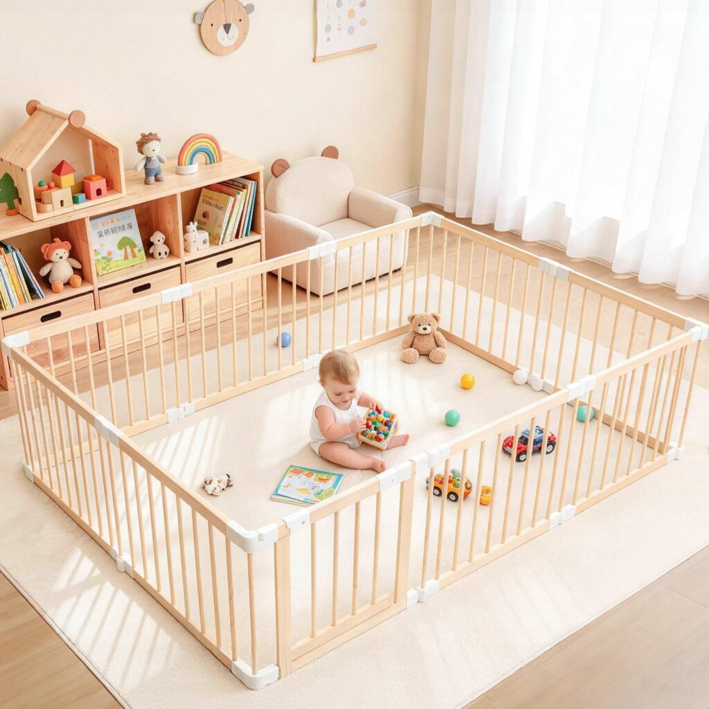 Baby Playpen, 56×83×24 inch Foldable Wooden Play Yard with Gate, Playpen for Babies and Toddlers, Adjustable Baby Activity Center with Child Proof Lock, Fence Play Area for Toddlers 6 to 36 Months