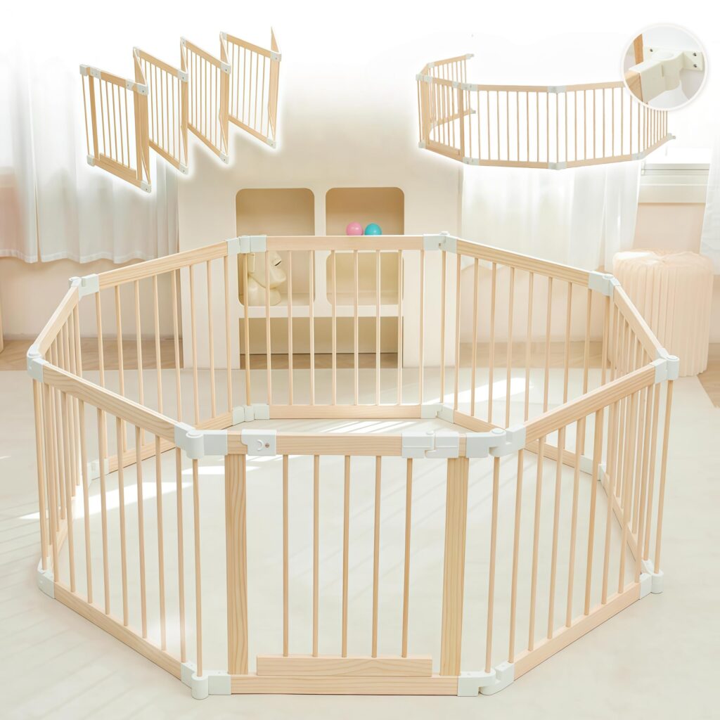Baby Playpen, Playpen for Babies and Toddlers, Foldable Wooden Play Yard with Gate, Adjustable Baby Activity Center with Child Proof Lock, Fence Play Area for Toddlers 1-3（56 * 56 * 24inches）